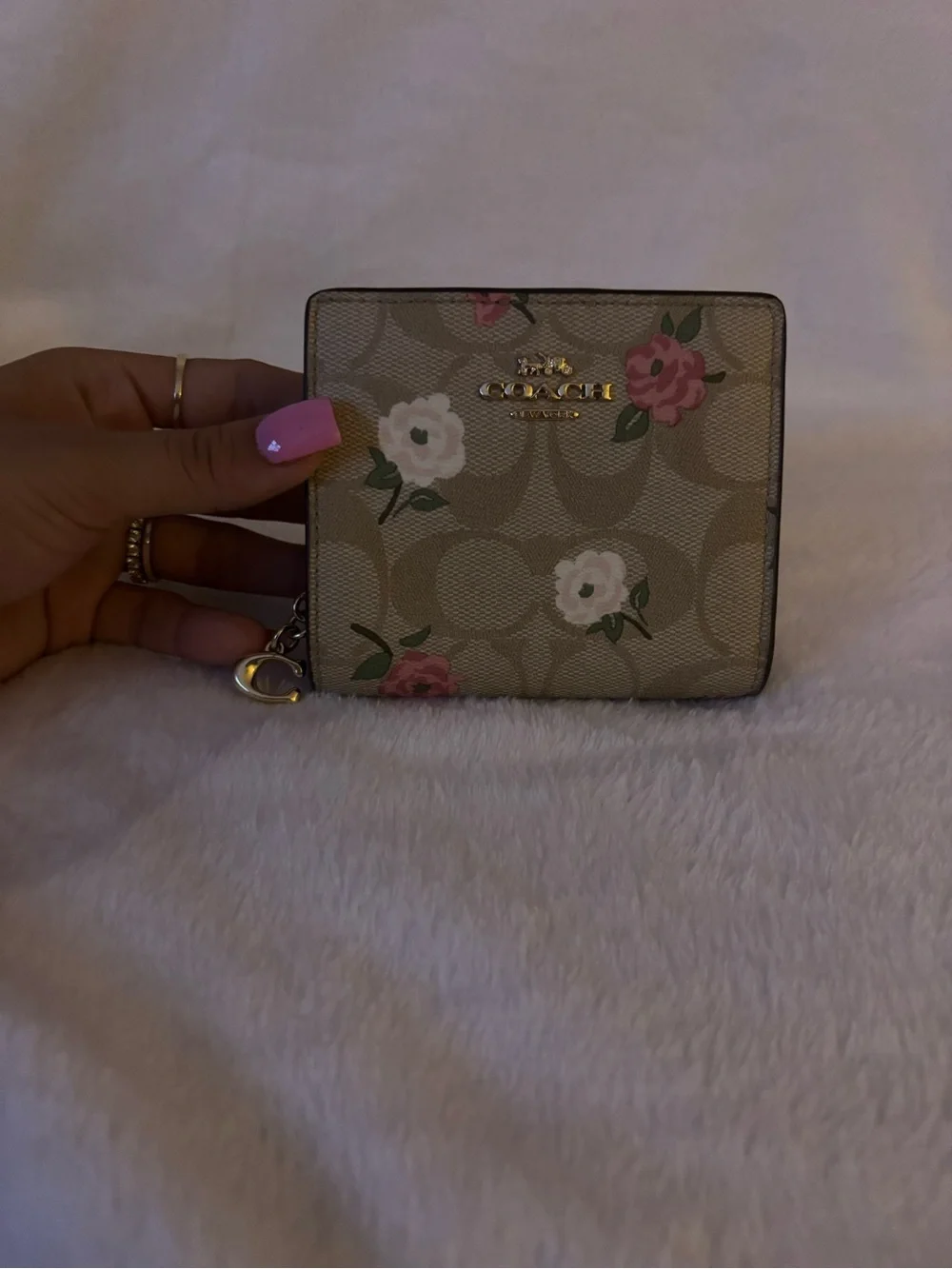 Coach Beige Signature Floral Zip Card Case with Gold Logo